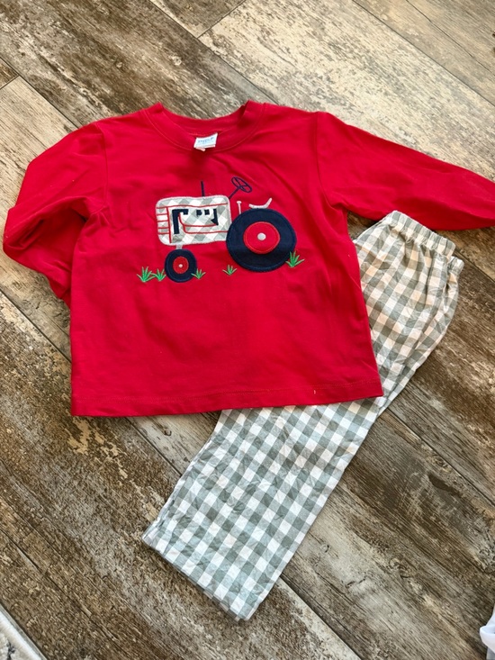 The Bailey Boys Other - Kids Red Tractor Matching Set - Long Sleeve Top & Plaid Pants